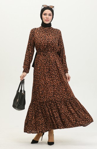 Kleid Mit Gürtel Und Leopardenmuster 0403-01 Braun Schwarz 0403-01