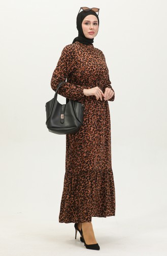 Kleid Mit Gürtel Und Leopardenmuster 0403-01 Braun Schwarz 0403-01