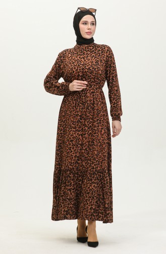 Kleid Mit Gürtel Und Leopardenmuster 0403-01 Braun Schwarz 0403-01