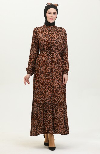Kleid Mit Gürtel Und Leopardenmuster 0403-01 Braun Schwarz 0403-01