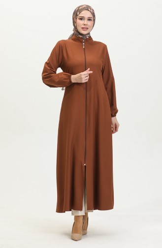 Elastic Sleeve Zippered Plain Abaya 1013-01 Brown 1013-01
