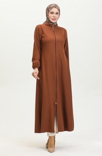 Elastic Sleeve Zippered Plain Abaya 1013-01 Brown 1013-01