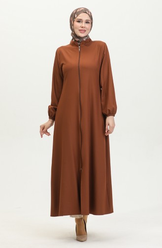 Elastic Sleeve Zippered Plain Abaya 1013-01 Brown 1013-01