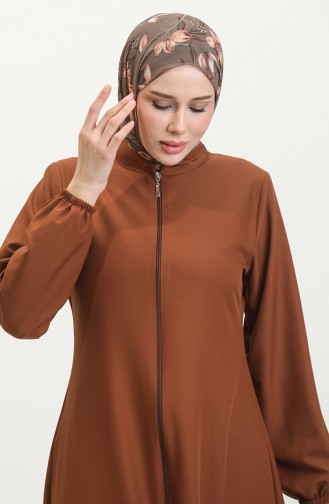 Elastic Sleeve Zippered Plain Abaya 1013-01 Brown 1013-01