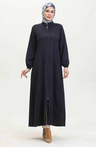 Elastic Sleeve Zippered Plain Abaya 1013-03 Dark Blue 1013-03