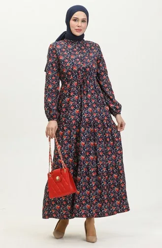 Kleid Mit Rosenmuster 0401-04 Marineblau 0401-04