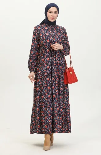 Kleid Mit Rosenmuster 0401-04 Marineblau 0401-04