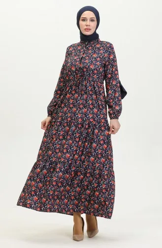 Kleid Mit Rosenmuster 0401-04 Marineblau 0401-04