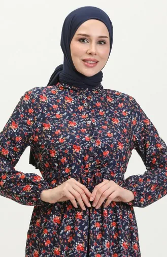 Kleid Mit Rosenmuster 0401-04 Marineblau 0401-04