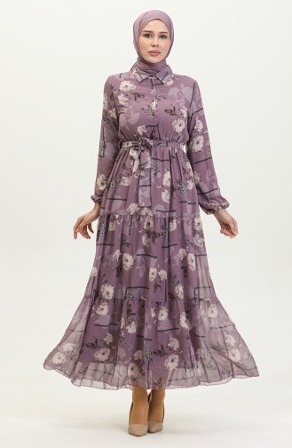 Desenli Şifon Elbise 81833-04 Lila
