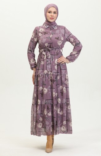 Desenli Şifon Elbise 81833-04 Lila