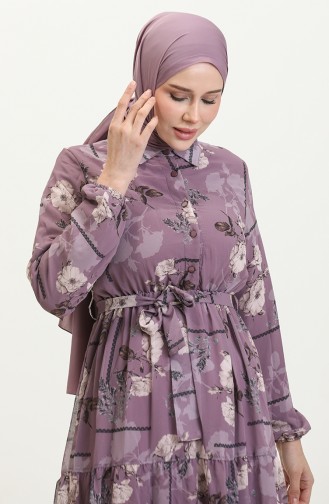 Desenli Şifon Elbise 81833-04 Lila