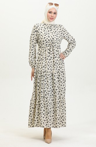 Robe A Motifs Fleur 0402-01 Beige Noir 0402-01
