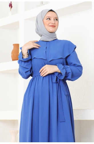 Cape Collar Detailed Belted Hijab Dress Brc1125 1125-04 Indigo 1125-04