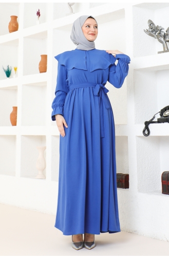 Cape Collar Detailed Belted Hijab Dress Brc1125 1125-04 Indigo 1125-04