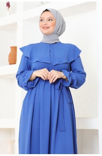 Cape Collar Detailed Belted Hijab Dress Brc1125 1125-04 Indigo 1125-04