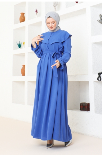 Cape Collar Detailed Belted Hijab Dress Brc1125 1125-04 Indigo 1125-04