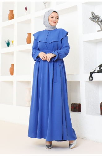 Cape Collar Detailed Belted Hijab Dress Brc1125 1125-04 Indigo 1125-04