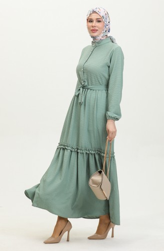 Robe A Ceinture Et Froufrous Demi Boutonné 0404-04 Vert 0404-04