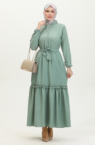 Robe A Ceinture Et Froufrous Demi Boutonné 0404-04 Vert 0404-04