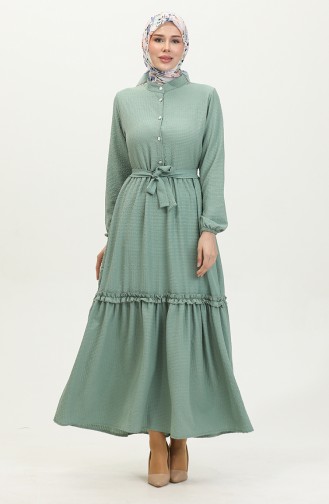 Robe A Ceinture Et Froufrous Demi Boutonné 0404-04 Vert 0404-04