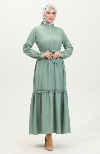 Robe A Ceinture Et Froufrous Demi Boutonné 0404-04 Vert 0404-04
