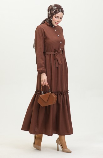 Robe A Ceinture Et Froufrous Demi Boutonné 0404-02 Marron 0404-02