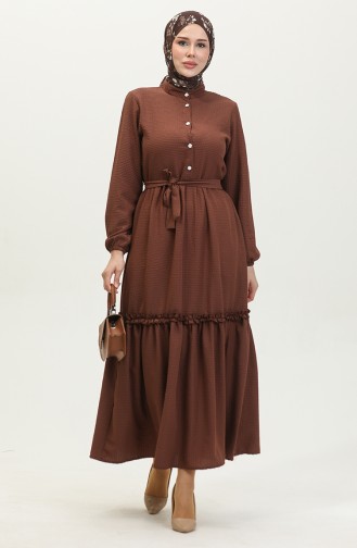 Robe A Ceinture Et Froufrous Demi Boutonné 0404-02 Marron 0404-02