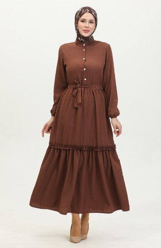 Robe A Ceinture Et Froufrous Demi Boutonné 0404-02 Marron 0404-02