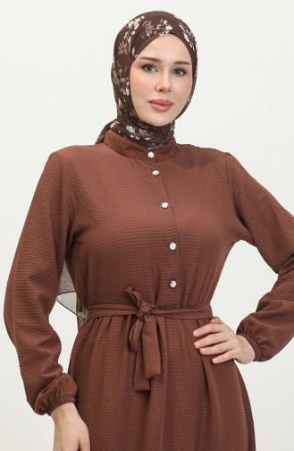 Robe A Ceinture Et Froufrous Demi Boutonné 0404-02 Marron 0404-02