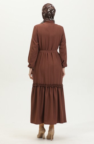 Robe A Ceinture Et Froufrous Demi Boutonné 0404-02 Marron 0404-02