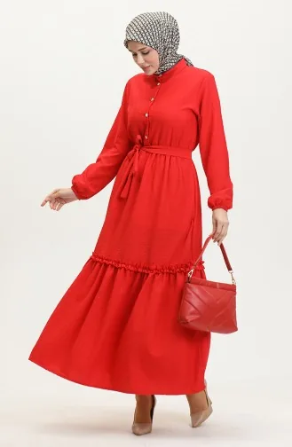 Halb Geknöpftes Rüschenkleid Mit Gürtel 0404-01 Rot 0404-01