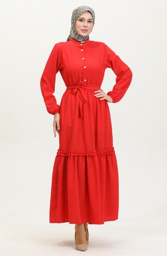 Halb Geknöpftes Rüschenkleid Mit Gürtel 0404-01 Rot 0404-01