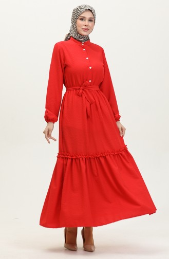 Halb Geknöpftes Rüschenkleid Mit Gürtel 0404-01 Rot 0404-01