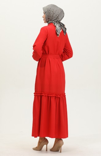 Halb Geknöpftes Rüschenkleid Mit Gürtel 0404-01 Rot 0404-01