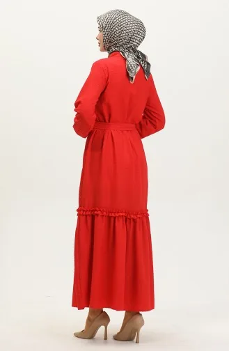 Halb Geknöpftes Rüschenkleid Mit Gürtel 0404-01 Rot 0404-01