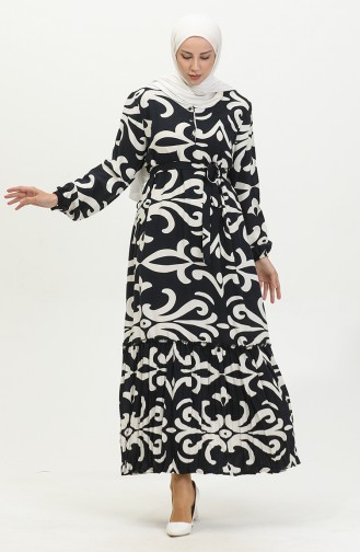 Amelya Flounced Plus Size Belted Viscose Dress 4588e-02 Navy Blue Beige 4588E-02