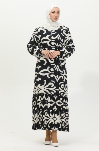 Amelya Flounced Plus Size Belted Viscose Dress 4588e-02 Navy Blue Beige 4588E-02