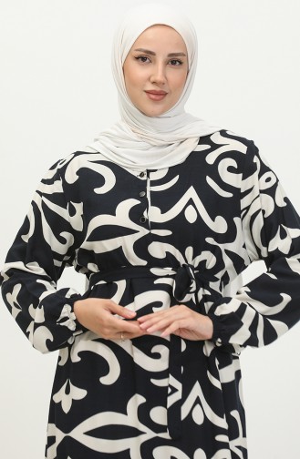 Amelya Flounced Plus Size Belted Viscose Dress 4588e-02 Navy Blue Beige 4588E-02