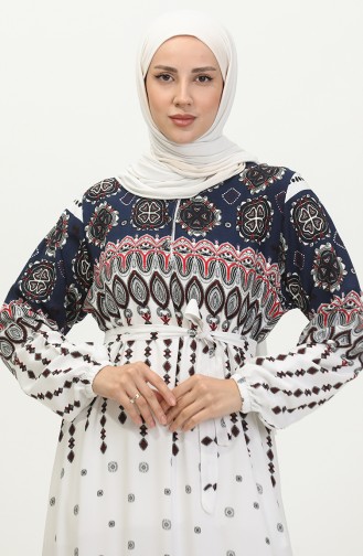 Amelya Farbalı Büyük Beden Kuşaklı Viskon Elbise 4588C-01 Lacivert Beyaz