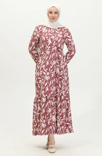 Bürümcük Palmiye Desen Elbise 5023-03 Gül Kurusu