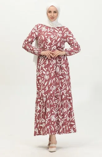 Bürümcük Palmiye Desen Elbise 5023-03 Gül Kurusu