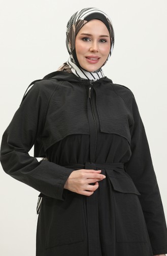 Vivezza Kapşonlu Fermuarlı Trençkot Ferace 7022-01 Siyah