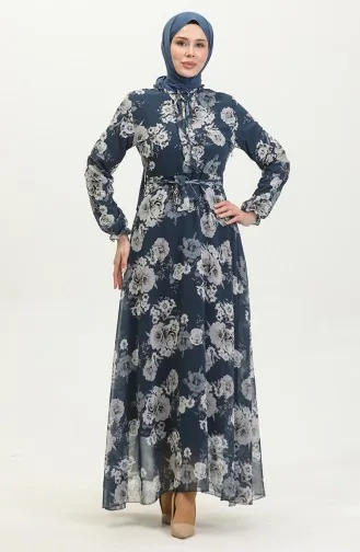 Jurk Van Chiffon Met Rozenmotief En Riem 81832-04 Marineblauw 81832-04