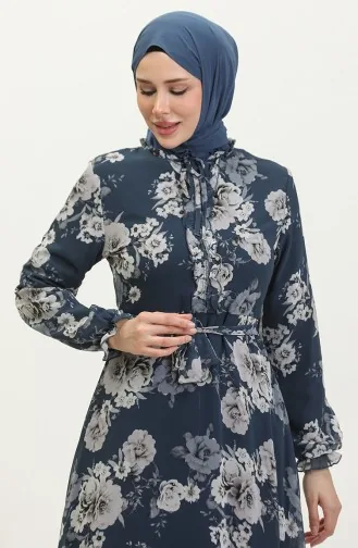 Jurk Van Chiffon Met Rozenmotief En Riem 81832-04 Marineblauw 81832-04