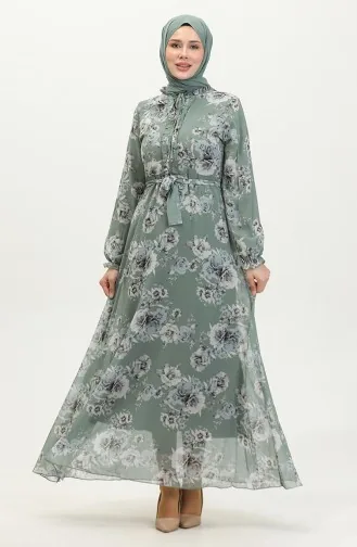 فستان شيفون منقوش بحزام 81832-03 أخضر مينت 81832-03