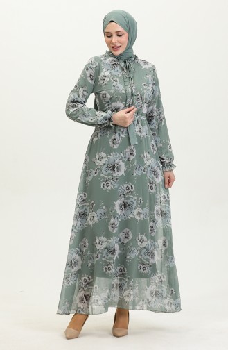 Gül Desenli Kuşaklı Şifon Elbise 81832-03 Mint Yeşili