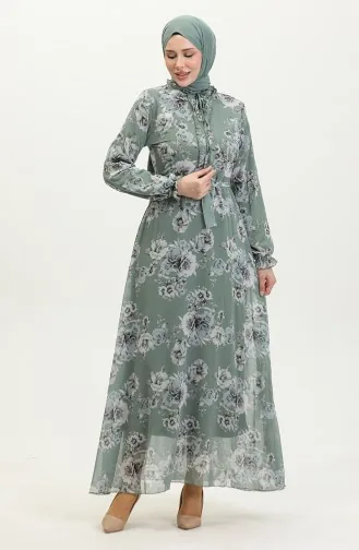 فستان شيفون منقوش بحزام 81832-03 أخضر مينت 81832-03