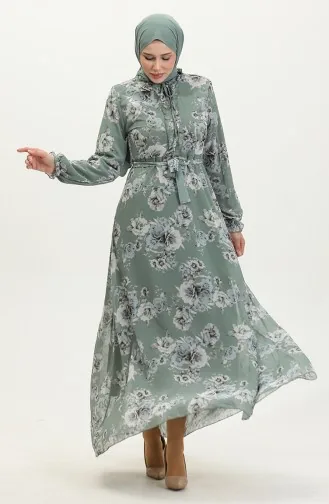 فستان شيفون منقوش بحزام 81832-03 أخضر مينت 81832-03