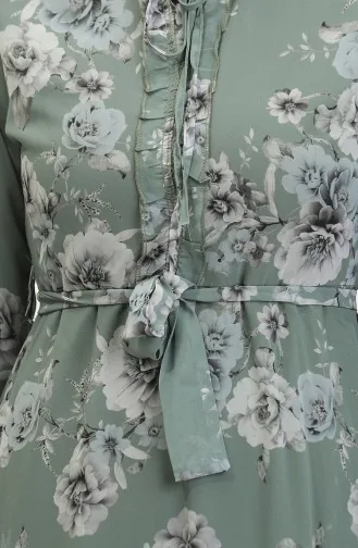 فستان شيفون منقوش بحزام 81832-03 أخضر مينت 81832-03